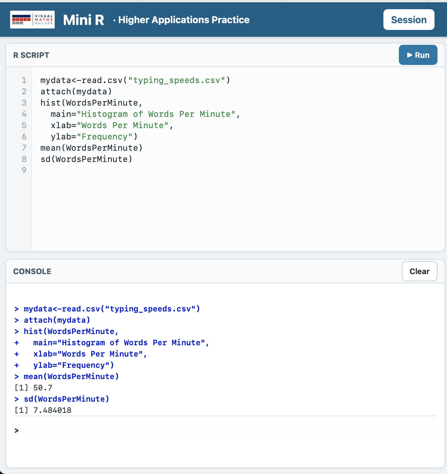 Mini R R Script and Console panels with commands and statistical output