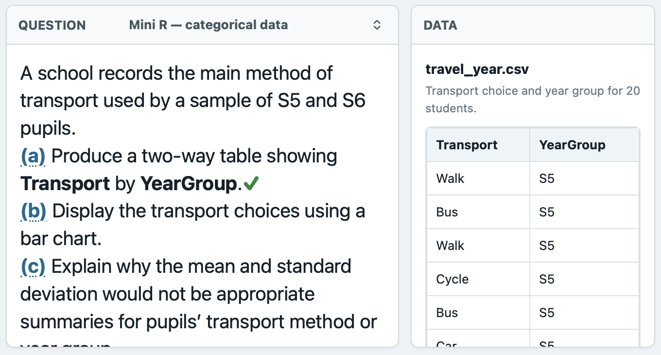 Mini R question and data panels showing a categorical data task and its dataset
