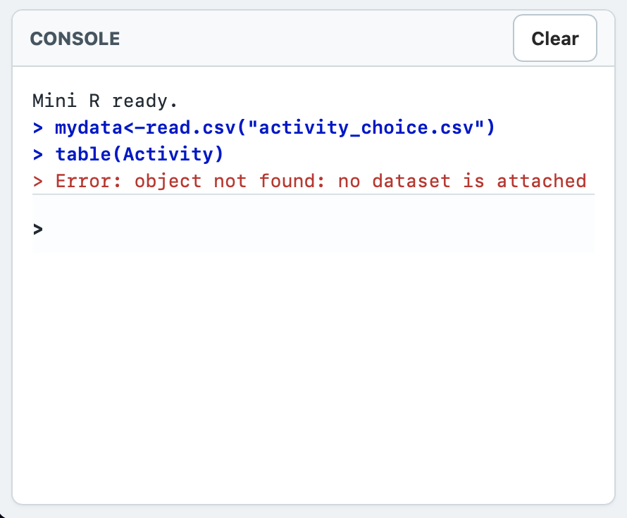Mini R Console showing an R-style error message in red