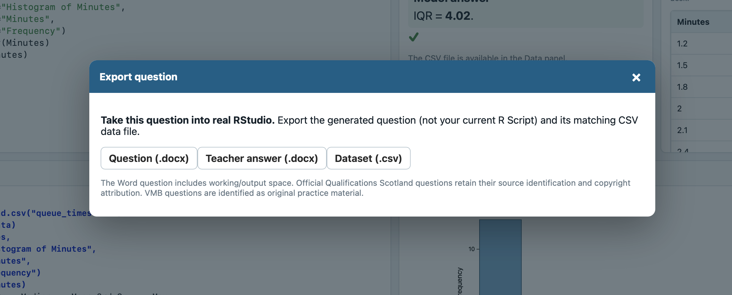 Mini R export question window with options for RStudio, teacher answer, and dataset export