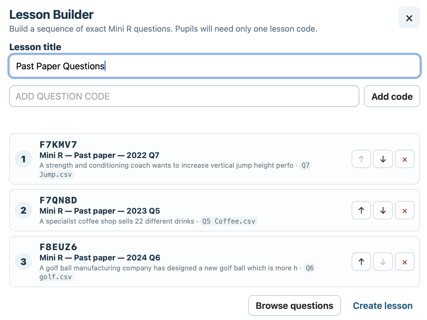 Mini R Lesson Builder showing a curated sequence of past paper questions