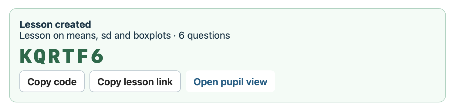 Mini R lesson created confirmation with a six-character lesson code and sharing controls