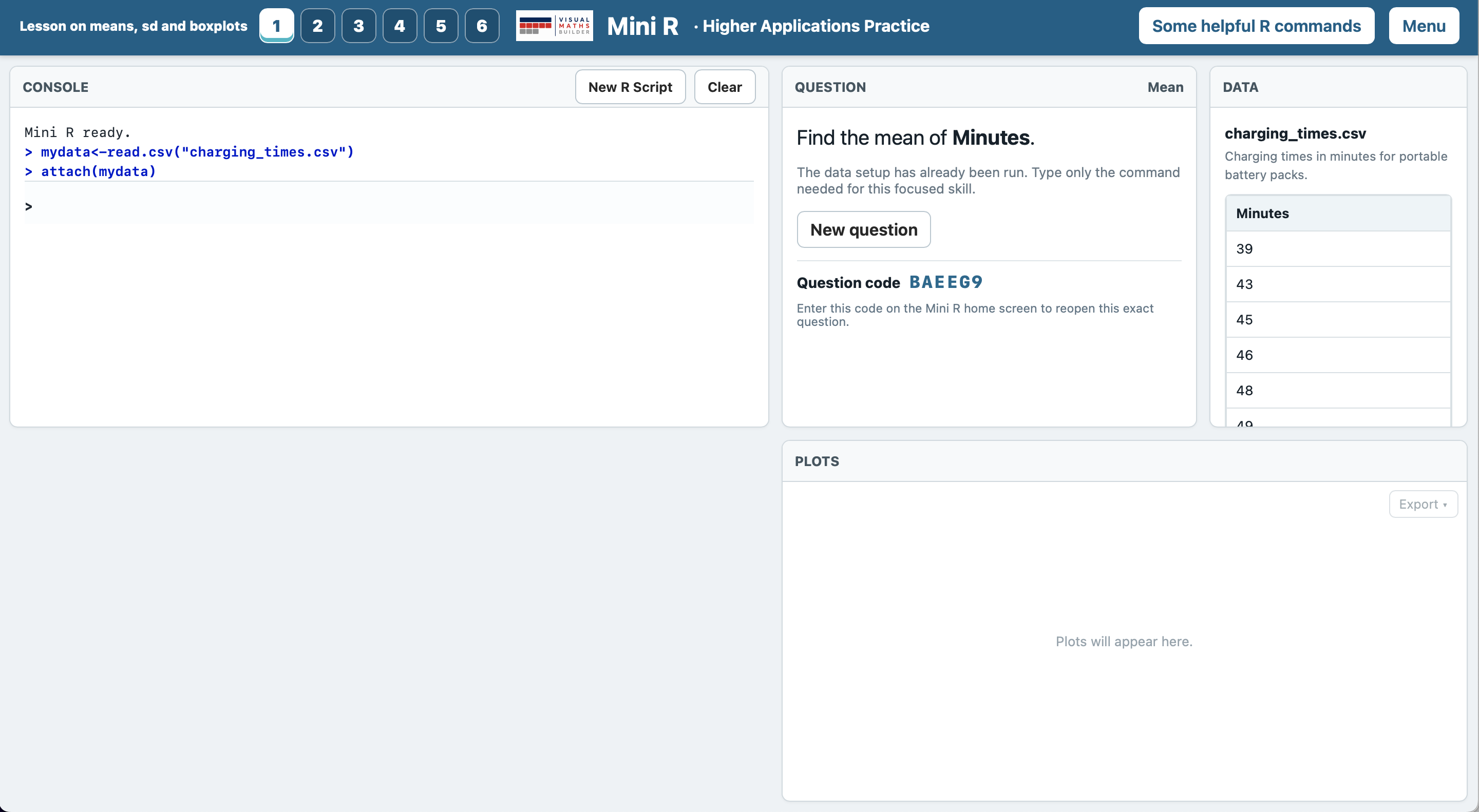 Pupil view of a shared Mini R lesson with numbered lesson navigation and the current question