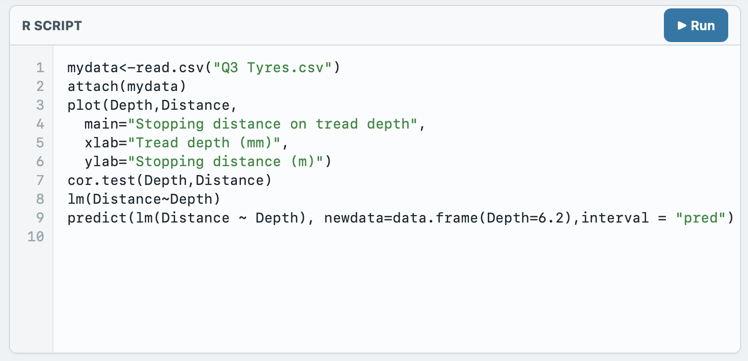 Mini R Script editor showing syntax highlighting and a multi-line R script
