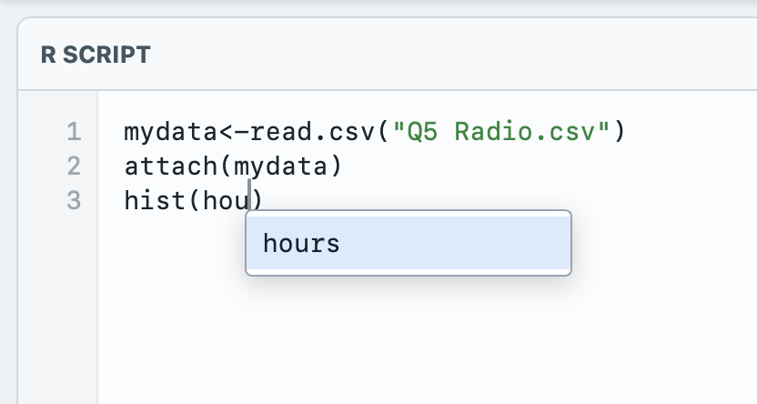 Mini R variable autocomplete suggestions appearing while a pupil types