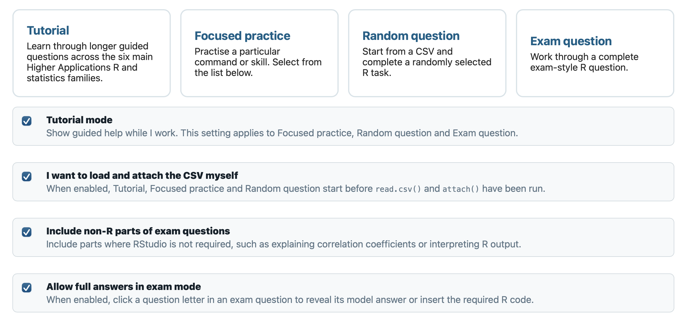 Mini R menu showing Tutorial, Focused practice, Random question and Exam question modes with additional practice options