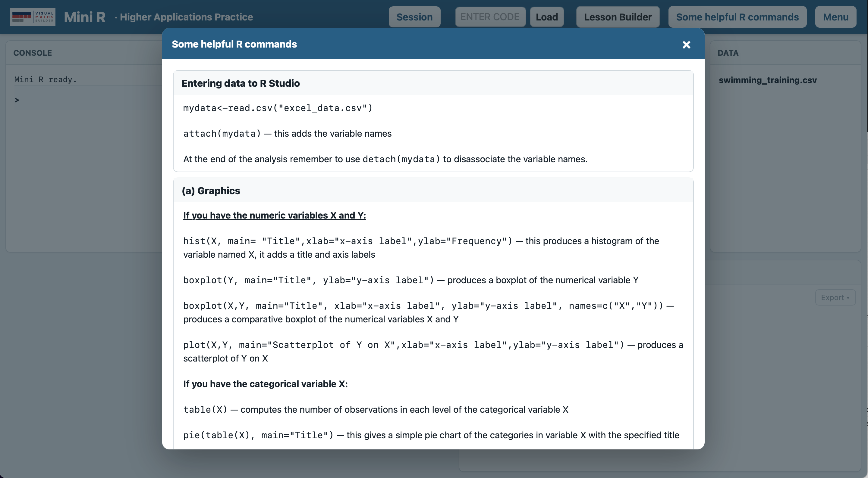 Mini R's helpful R commands window showing commands used in Higher Applications of Mathematics